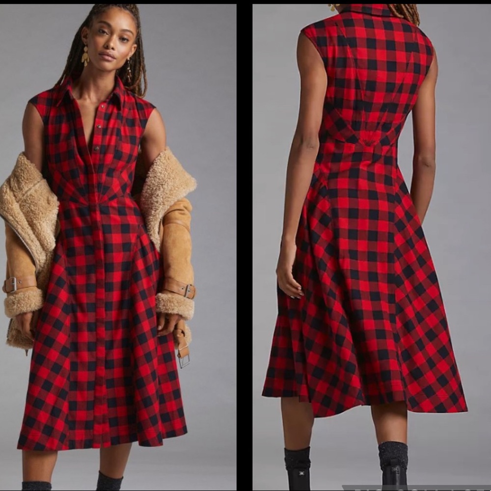 Anthropologie Red and Black Plaid Midi Dress